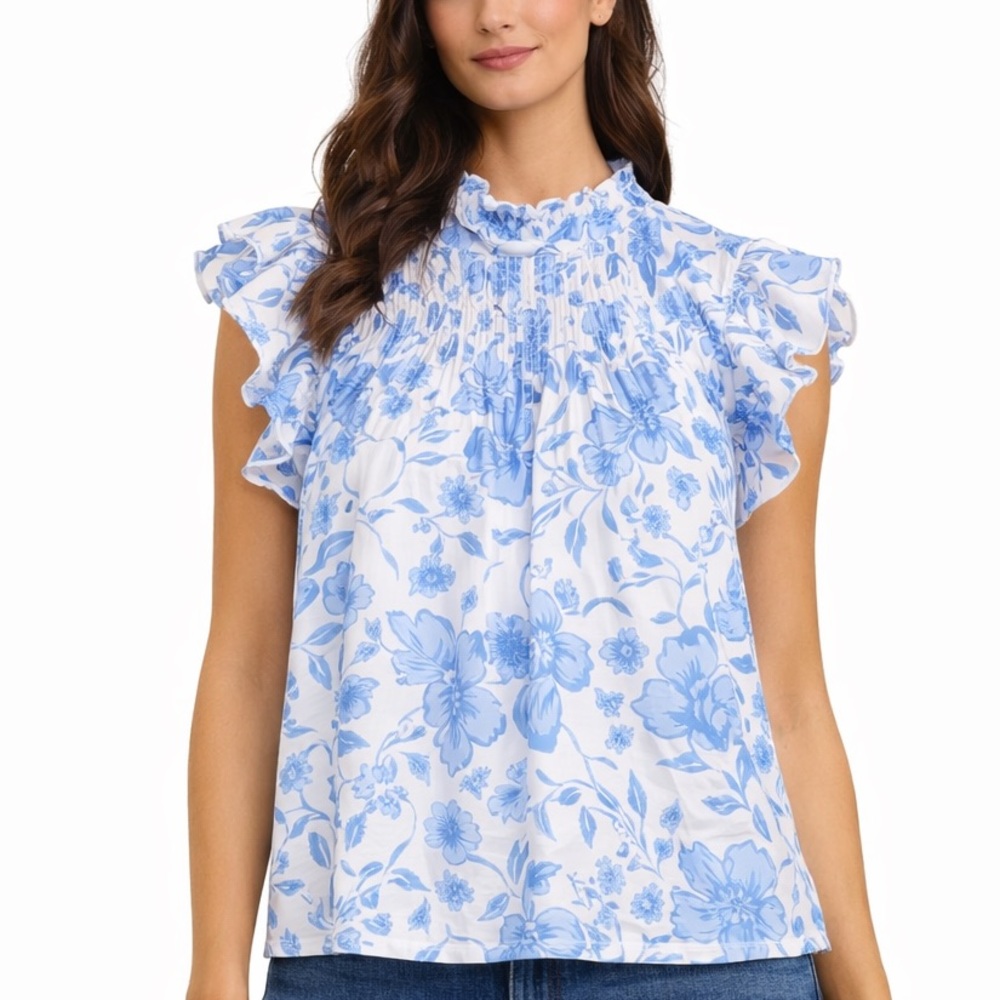 EUC J. Marie Size Medium Ruffle Floral Blue and White Top